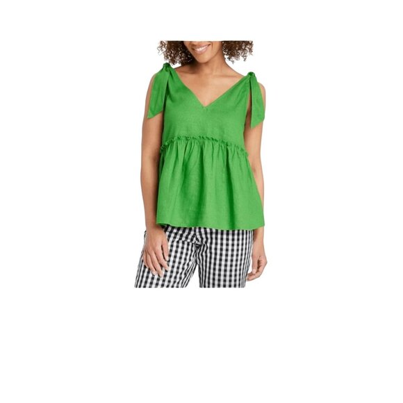 Kelly Green Linen Blend L Tie Strap Peplum Top Tank Summer Vacation Women's - Picture 1 of 7